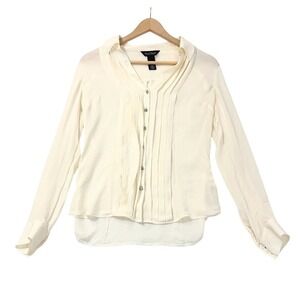 100% Silk White House Black Market Silk Blouse Ivory Pleated Button Up Top Sz 4
